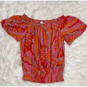 Cynthia Rowley Bright Tropical Top Off Shoulder Smocked Waist Short Sleeve SZ S